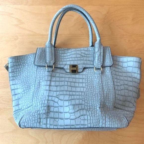 Large Baby Blue Faux Snakeskin Shoulder Tote Bag - Picture 3 of 12